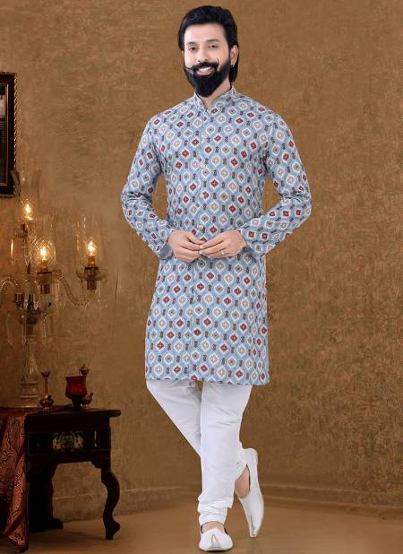 Gray And Red Colour New Printed Ethnic Wear Cotton Mens Kurta Pajama Collection KS 1529